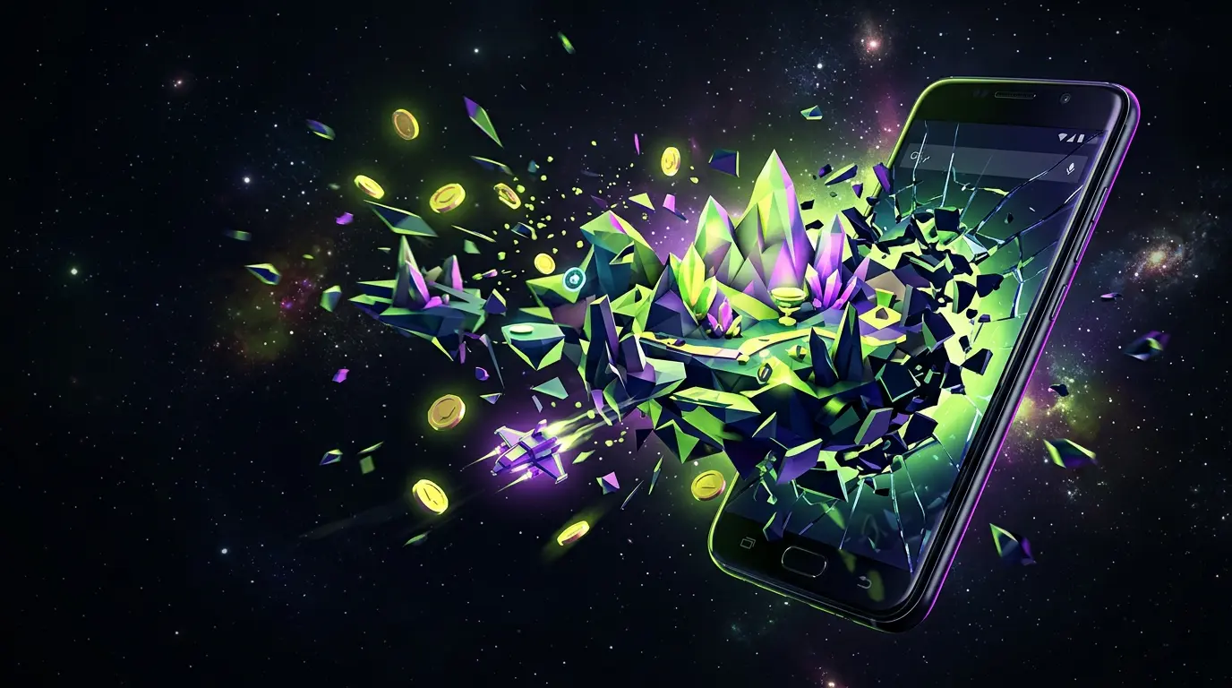 A smartphone bursting into a low-poly game world with crystals, coins and a spaceship