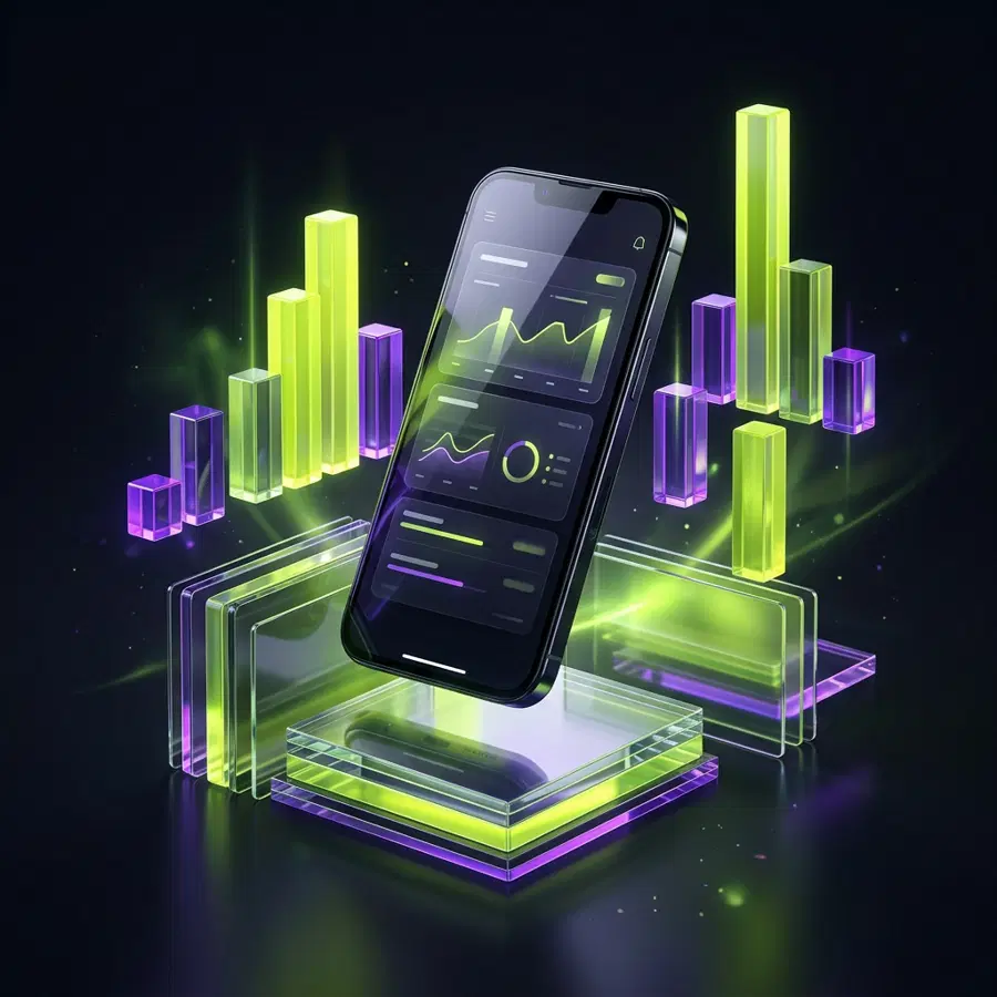 Glass cards and 3D bar chart pillars around a smartphone