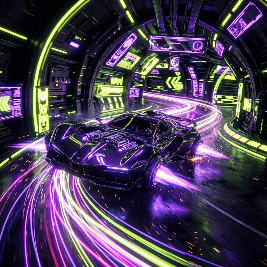 A hover car drifting through a neon-lit city tunnel
