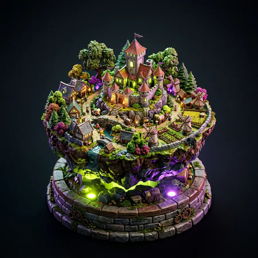 A tiny floating island kingdom with a castle and windmills